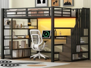 ModernLuxe Cama mezanino metálica 140×200 cm - com iluminação LED - com escada - com escrivaninha - carregamento USB - preto