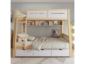 KOMHTOM Stapelbed 90 x 200 cm en 120 x 200 cm, met lades, boekenplank, hekjes en ladder, wit + naturelkleurig