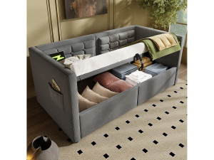 Opbergbed 90x200 cm - Eenpersoonsbed met USB-oplader en opbergtas - grijs fluweel - zonder matras