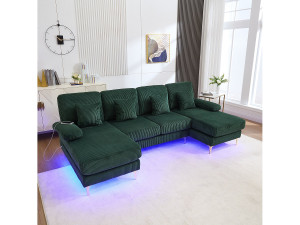 Fluwelen hoekbank - Hoekbank met LED-verlichting en 4 kussens - USB-aansluiting en armleuningen - groen