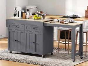ModernLuxe Ilha de cozinha central - com 4 portas e 2 gavetas - bancada extensível - com rodízios - 180,5×45×92,2 cm - Cinza