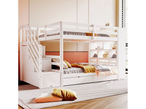 Merax Kinderstapelbed - 2 x 90 x 200 cm - met opbergladder + 2 lades + grote kasten - hout - wit