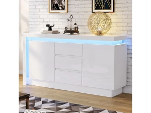 Merax Aparador alto brilho - 140 x 35 x 72 cm - com 3 gavetas + 2 portas + LEDs + prateleiras reguláveis - aglomerado - branco