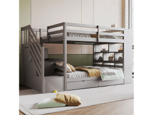 Merax Kinderstapelbed - 2 x 90 x 200 cm - met opbergladder + 2 lades + grote kasten - hout - grijs