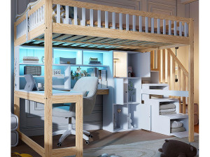 ModernLuxe Hoogbedcombinatie 140×200 cm - met LED-verlichting - met opbergtrap - met planken - met bureau - Wit + Natuur (matras niet inbegrepen)