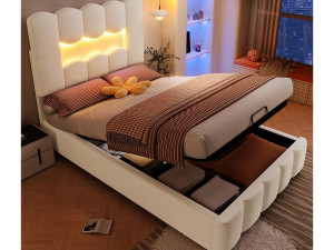 ModernLuxe Gestoffeerd opbergbed 90×200 cm - met LED-verlichting - verstelbaar hoofdeinde - fluweel - beige (matras niet inbegrepen)