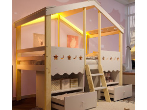 ModernLuxe Kinderhuisbed 90×200 cm - huisvorm - met 2 laden - met LED-lichtstrip - wit + naturel (matras niet inbegrepen)