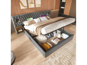 Merax Hydraulisch opbergbed - 180 x 200 cm - met 2 nachtkastjes + lamp hoofdeinde - fluweel - grijs