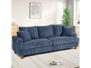 DripeX Sofá 3 Lugares de Veludo Cotelê, com 2 Almofadas, assentos extra profundos 53cm, 220x76x84cm, Azul
