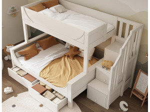 ModernLuxe Stapelbed 90×200 cm +140×200 cm - trap met opbergruimte - met 2 laden - Massief hout + MDF - Wit (zonder matras)