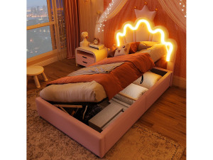 Hauss Spole Roze kinderbed met opbergruimte, prinsessenbed 90 x 200 cm, met ledverlichting, verstelbaar hoofdeinde, PU (zonder matras)