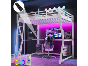 OKWISH Hoogslaper 140x200 cm, wit, volwassen bed met LED-verlichting en USB, bureau - zonder matras