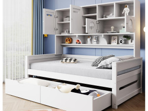 ModernLuxe Slaapbank van hout 90x200 cm - met 2 lades - met meerdere planken - met lattenbodem - wit (matras niet inbegrepen)