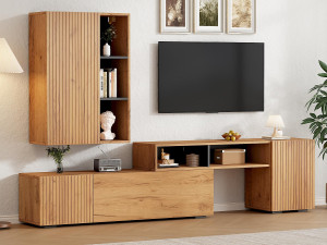 ModernLuxe TV-meubel set 2-delig - verstelbaar TV-meubel + wandmeubel - 4 deuren - open planken - natuur+zwat