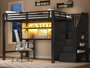 ModernLuxe Mezzanine bed van metaal 140x200 cm - met bureau en kledingkast - trap met opbergruimte - met LED-verlichting - Zwart