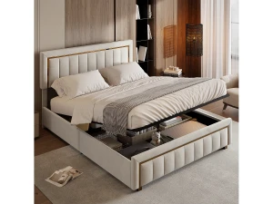 Cama com armazenamento 160x200 com cabeceira, cama estofada com base de ripas, cama de casal, bege