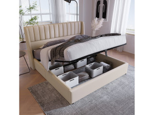 Gestoffeerd bed, 160 x 200 cm, met hydraulische lattenbodem, met opbergruimte, beige