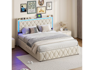 Opbergbed 160x200 cm, gestoffeerd bed met opbergruimte en USB type C, LED, fluweel, beige