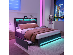 Tweepersoonsbed 140x200 cm in grijs linnen, 4 lades, led-verlichting, planken, USB/Type-C-aansluitingen, houten lattenbodem