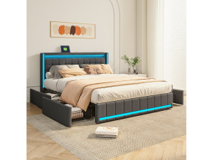 Tweepersoonsbed 160x200 cm grijs, LED, USB, 4 metalen lades, linnen, praktisch en modern voor volwassenen