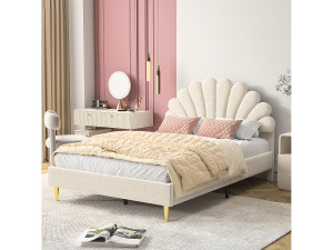 Gestoffeerd tweepersoonsbed 140 x 200 cm met lattenbodem, fluweel, beige