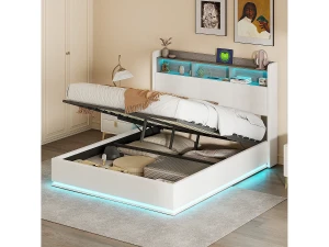 Cama 140x200 cm com iluminação LED, cama com arrumação e base de ripas, tomadas, USB e Tipo-C, veludo
