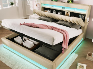 ModernLuxe Gestoffeerd opbergbed 180x200 cm - met LED - met USB- en Type-C-poorten - Linnenstof - Hoofdeinde met opbergruimte - Beige