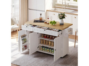 Merax Centraal eiland met opklapbaar werkblad - 137 x 45/70 x 89,5 cm - met 2 laden + 3 deuren - MDF - wit