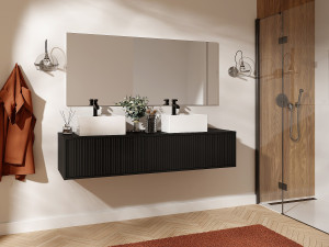 Unique Mueble de baño suspendido estriado con lavabo doble - Negro - 150 cm - ARNEGA