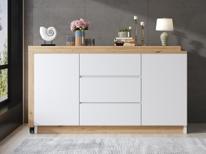 ModernLuxe Hoekschrijftafel 120x50x76.5 cm - Draaibaar blad - 3 lades en 2 deuren - met vergrendelbare wieltjes - Wit+natuur