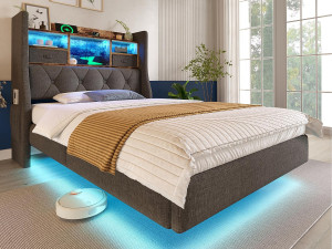 ModernLuxe Gestoopt volwassen bed 90x200cm - met LED-verlichting - met 1 Type-C-poort en 3 USB-poorten - hoofdeinde met opbergruimte - linnen - Grijs