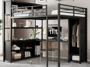 ModernLuxe Mezzanine bed 140x200 cm - met bureau en opbergplank - met garderobe - met ladder - Metaal + spaanplaat - Zwart