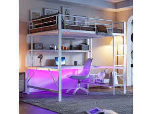 OKWISH Hoogslaper 140x200 cm met USB- en LED-verlichting, planken en bureau, wit - zonder matras