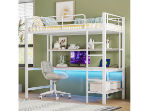 OKWISH Hoogslaper 90x200 cm met USB- en LED-verlichting, planken en bureau, wit - zonder matras