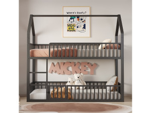 OKWISH Stapelbed voor kinderen 90x200 cm met trap en veiligheidsleuningen, zwart - zonder matras