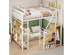Merax Kinderhoogslaper van metaal - 140 x 200 cm - met kledingkast + planken + trap - hout + metaal - wit