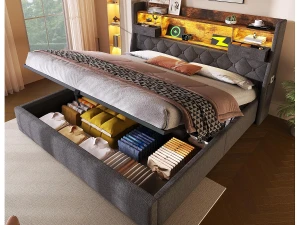 ModernLuxe Cama estofada com armazenamento 160x200cm - com LED - com 4 portas de carregamento (USB/Type-C) - cabeceira com armazenamento - linho -