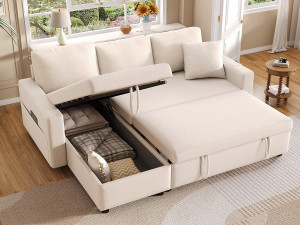 ModernLuxe L-vormige bank 219.5x142.5x83cm - met opbergruimte - met rustfunctie - links en rechts verwisselbaar - beige