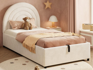 ModernLuxe Kinderopbergbed 90x200 cm - hoofdeinde in regenboogvorm - Fluweel - Beige (matras niet inbegrepen)