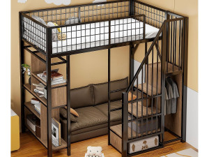 ModernLuxe Mezzanine bed 90x200 cm - Metaalbed - met opbergruimte - met trap - met veiligheidshekken - Zwart (matras niet inbegrepen)