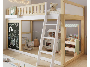 ModernLuxe Mezzanine bed 90x200cm - met ladder en schoolbord - met veiligheidsleuning - massief hout + MDF - Wit + Natuur (zonder matras)