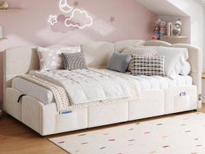 ModernLuxe Kinder slaapbank 90x200 cm - Opbergbed - met USB-poorten - met opbergzak - Fluweel - Beige (zonder matras)