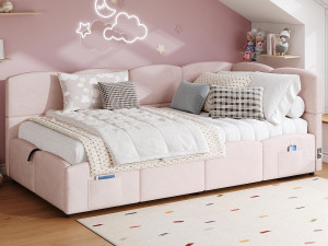 ModernLuxe Kinder slaapbank 90x200 cm - Opbergbed - met USB-poorten - met opbergzak - Fluweel - Roze (zonder matras)