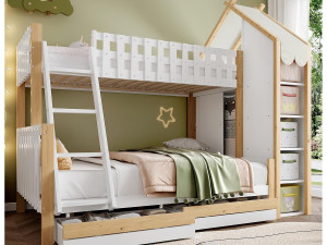 ModernLuxe Stapelbed 90x200cm + 140x200cm - met ladder - 2 lades - met plank - wit + natuur (matras niet inbegrepen)