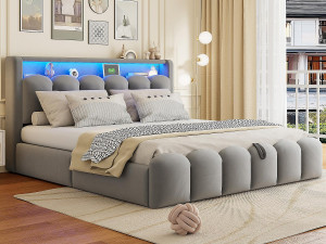 ModernLuxe Gestoffeerd opbergbed 180x200 - Twee persoons - met USB + Type-C - met LED-verlichting - Fluweel - Grijs (matras niet inbegrepen)