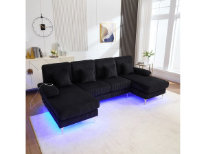 OKWISH 4-zits bank in zwart fluweel met LED-verlichting en USB-poort - modern U-vormig design