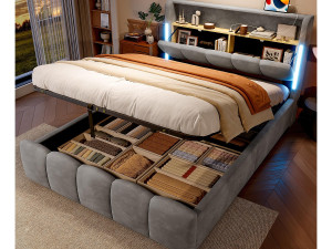 ModernLuxe Gestoffeerd opbergbed 140x200 cm - met LED-verlichting - met USB- + Type-C-poorten - fluweel - grijs (matras niet inbegrepen)