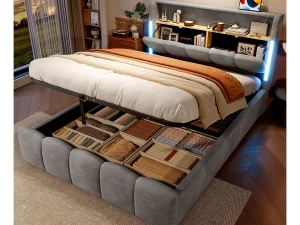 ModernLuxe Cama estofada com armazenamento 140x200 cm - com iluminação LED - com portas USB + Type-C - veludo - cinza (colchão não incluído)