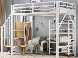 ModernLuxe Hoge bed 90x200 cm - met opbergplank en wieltjes - met kleerhanger en ladder - Metaal + MDF - Wit + Natuur
