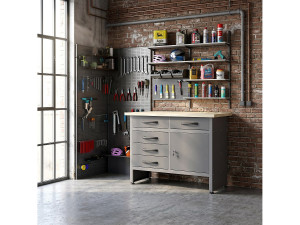 Unique Stół warsztatowy stalowy z drewnianym blatem - S120 x G60 x W85 cm - Szary BRICANO